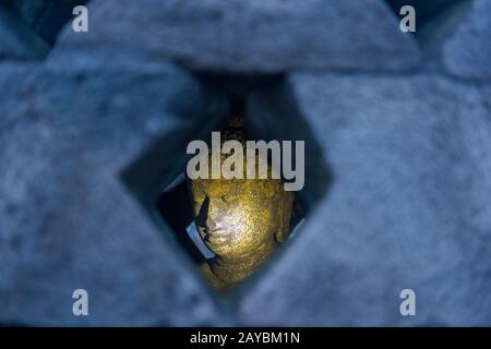 Blick auf eine Buddhastatue in einem perforierten Stupa auf der oberen Plattform des Borobudur-Tempels (UNESCO-Weltkulturerbe, neuntes Jahrhundert), dem größten B Stockfoto