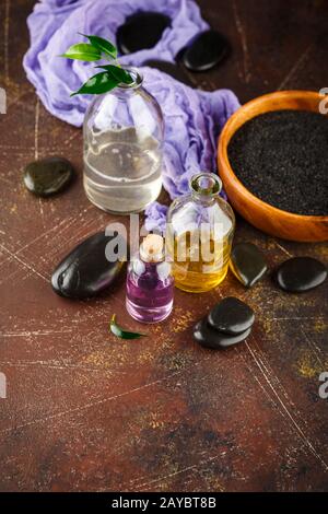 Spa Kit. Shampoo, Seife flüssig. Duschgel. Stockfoto