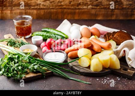 Prozess der Herstellung Okroshka Suppe. Häckseln, Rettich, Wurst und andere Zutaten auf Holz Schneidebrett Stockfoto