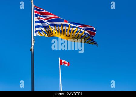 Flagge von British Columbia, die mit kanadischer Flagge im Hintergrund an einem sonnigen Tag mit blauem Himmel fliegt Stockfoto