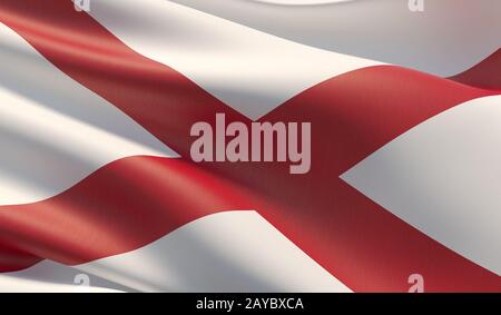 Hochauflösende Nahaufnahme Flagge von Alabama - Flaggensammlung der Vereinigten Staaten von Amerika. 3D-Abbildung. Stockfoto