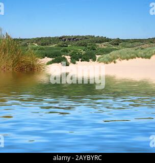 Der Strand vom Meer in formby mit Dünen, die mit Marramgras und Vegetation bedeckt sind Stockfoto