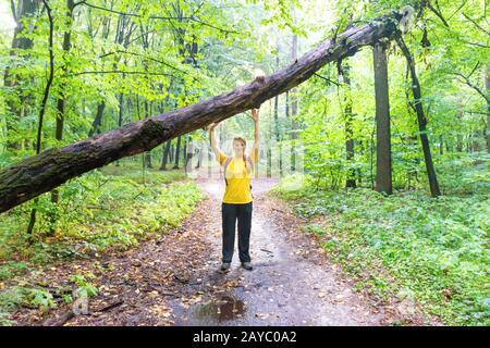 Glückliche Frau mit umgestürztem Baum im Wald Stockfoto