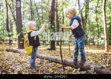 Kindervorschuler kaukasischer Bruder und Schwester machen im Herbst mit der Handy-Kamera im Waldpark Fotos voneinander Stockfoto