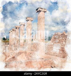 Aquarellgemälde von zerstörten Wänden und Säulen im Haus theseus in paphos zypern mit dem historischen Leuchtturm in der dis Stockfoto
