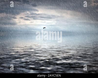 Starker Regen, der auf ein dunkles Meer mit dramatischen Sturmwolken fällt, die sich auf dem Wasser und einem einzigen Flyi niederschlagen Stockfoto