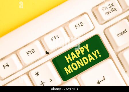 Text schreiben Happy Monday. Geschäftskonzept, um zu sagen, dass Vorführung Ordnung, ihm große neue Woche White pc keyboa wünschen Stockfoto