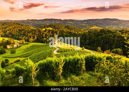 Berühmte, herzförmige Straße in den Weinbergen in Slowenien nahe der Grenze zu Österreich südsteiria. Stockfoto