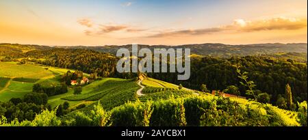 Berühmte, herzförmige Straße in den Weinbergen in Slowenien nahe der Grenze zu Österreich südsteiria. Stockfoto