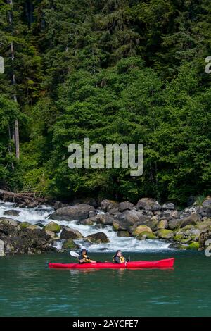 Kajaktouren für Senioren in der Thomas Bay bei Juneau, Tongass National Forest, Alaska, USA. Stockfoto