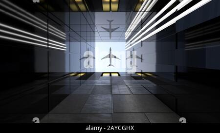 Flugzeug, das über allgemeine moderne Glas- und Betongebäude fliegt. Konzepte der Finanzen und des wirtschaftlichen Hintergrunds. 3d renderi Stockfoto