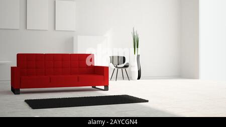 Moderne und Minimalistische helle Wohnzimmer mit roten Sofa und weißen Möbeln. 3D-Rendering. Stockfoto