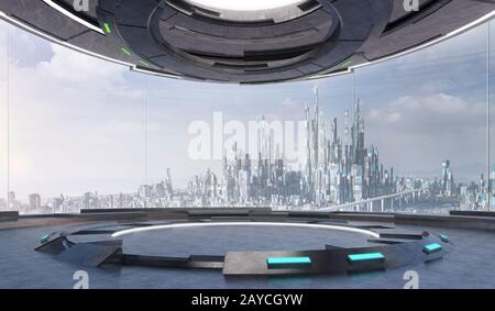 Futuristisches Innendesign leerer Raum mit großen Fenstern und futuristischer Stadtlandschaft. 3D-Darstellung Rendering . Stockfoto