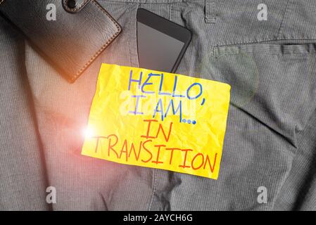 Hinweis zum Schreiben mit "Hallo, ich bin im Übergang." Geschäftsfoto mit einer Präsentation über den sich ändernden Prozess mit der Planung neuer Dinge Smartp Stockfoto