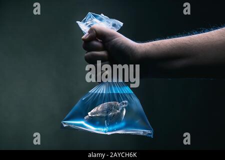 Schwimmschildkröte in einer Plastiktüte mit sauberem blauem Wasser unter der Wasserszene. Umweltverschmutzung, Mikroplastik und Habit Stockfoto