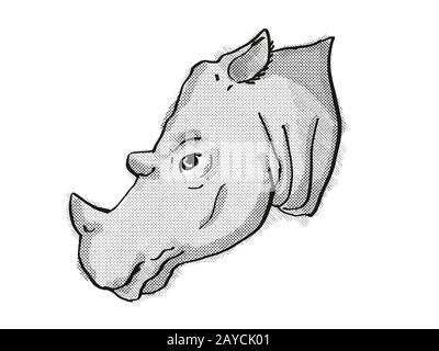 Sumatran Rhinoceros Gefährdete Wildlife Cartoon Retro Zeichnung Stockfoto