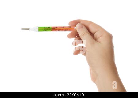 Hand mit medizinischen Thermometer 38 Stockfoto