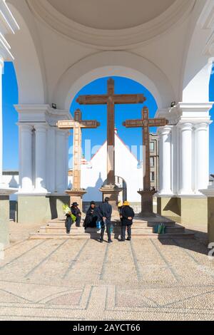 Bolivien Copacabana Tempel der drei Kreuze Basilika der Jungfrau von Candelaria Stockfoto