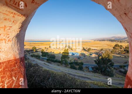 Peru Chucuito Titicaca See vom Panoramapunkt der Stadt Stockfoto