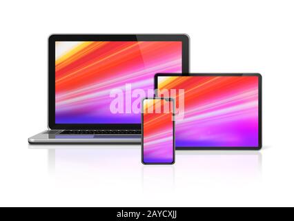 Notebook, Tablet und Telefon-Set werden isoliert auf weiß gesocklet. 3D-Rendering Stockfoto