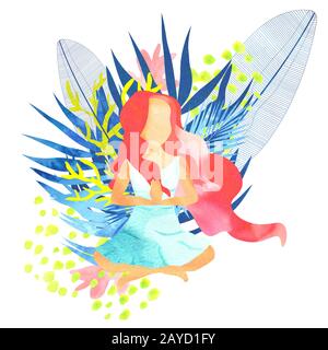 Illustration der Aquarellfrau mit langen roten Haaren, die in ihrem blauen Kleid sitzt und die Hände in namastem Gruß hält Stockfoto