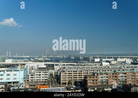 Yokohama International Passenger Terminal and Rainbow Bridge, Japan. Aufnahme mit 60-Megapixel-Kamera. Stockfoto