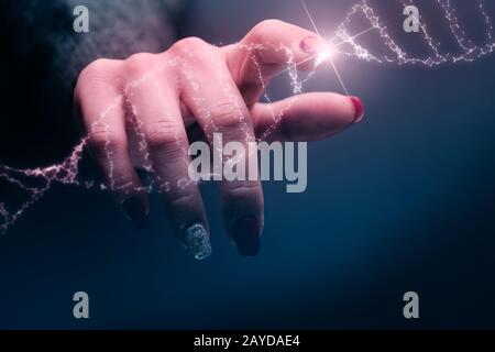 Nahaufnahme der Frau, Die Dna-Molekül Berührt. Gemischte Medien. Stockfoto