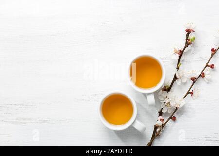 Zwei Tassen Tee und Äste von blühenden Aprikosen auf einem weißen rustikalen Tisch mit leerem Raum für Text oder Bild. Draufsicht. Stockfoto