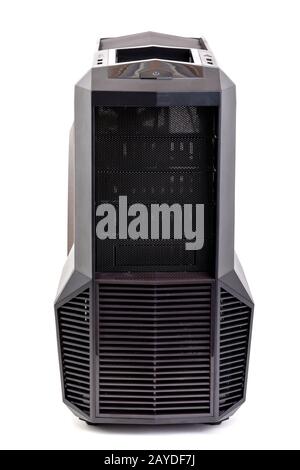 Modernes schwarzes Computergehäuse in Weiß Stockfoto