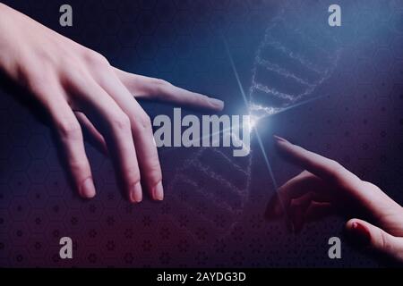 Nahaufnahme von Frau und Mann, Die Dna-Molekül berühren. Gemischte Medien. Stockfoto