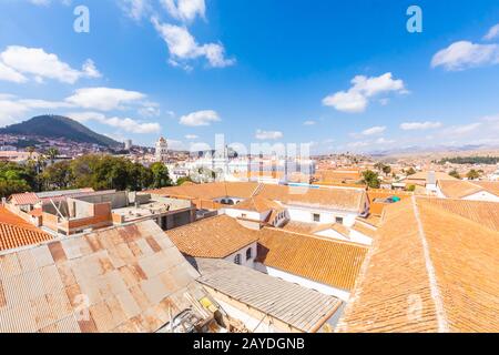 Sucre Bolivia von den Dächern aus mit Panoramablick auf das Zentrum Stockfoto