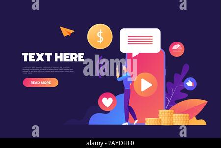 Nutzer können Online-Videos mit ihrem Laptop, Smartphone-Vektorgrafikkonzept, Online-Tutorial-Video-Streaming nutzen Stockfoto