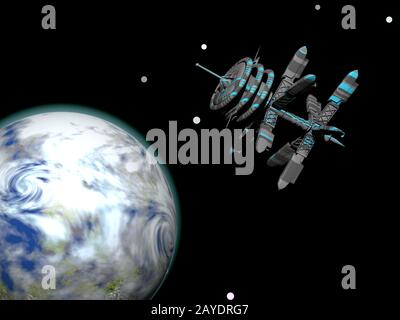 Die Raumstation dreht sich um Planeten Stockfoto