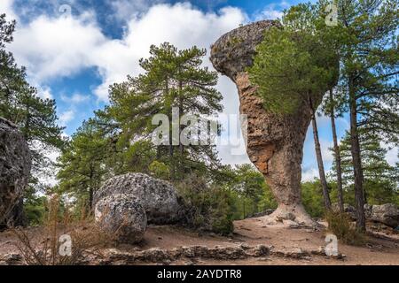 Einzigartige Felsformationen in La Ciudad Encantada oder die verzauberte Stadt Naturpark in der nähe von Cuenca, Castilla la Mancha, Spanien Stockfoto