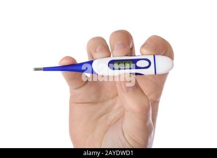 Hand mit elektronischem Thermometer 38,5 Stockfoto