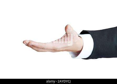 Hände schütteln der männlichen Geschäftsleute isoliert auf einem weißen Stockfoto