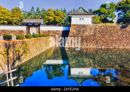 Starke Steinmauern und breiter Wassergraben rund um das Schloss und den Park von Imperial edo in der Stadt Tokio an einem sonnigen Tag. Stockfoto