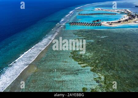 Luftbild, Lagune einer Malediven-Insel mit Korallen von oben, Süd-Male-Atoll, Malediven Stockfoto