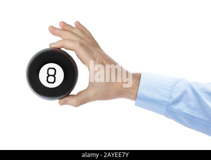 Hand mit Magic billardkugel Nr. 8 Stockfoto