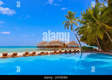 Pool und Café am Malediven Strand Stockfoto