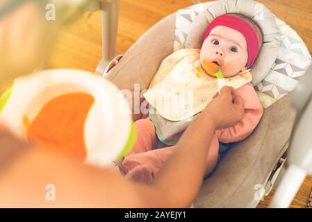 Mutter Fütterung hungrigen fünf Monate alten lustig Baby mit fester Nahrung. Beagle Hund neugierig beobachten. Stockfoto