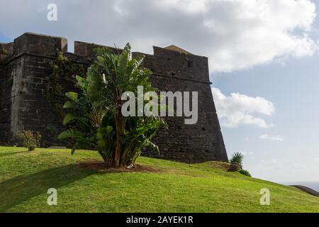 Das São João Baptista Fortres mit einem grünen Rasen im Vordergrund und einem bewölkten Himmel im Hintergrund, Bild von Funchal Madeira Portugal. Stockfoto