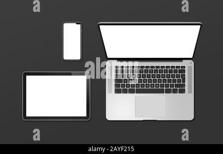 Notebook, Tablet und Telefon-Set sind isoliert auf Schwarz. 3D-Rendering Stockfoto
