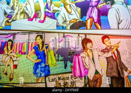 Hongkong - 16. MÄRZ 2013: Berühmte Nightlife Street Lan Kwai Fong Billboard, Hongkong, China. Stockfoto