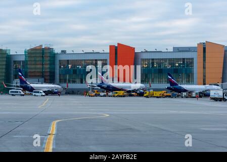 Oktober 2019 In Moskau, Russland. Flugzeuge Aeroflot - Russian Airlines auf dem internationalen Flughafen Scheremetjewo in Moskau. Stockfoto