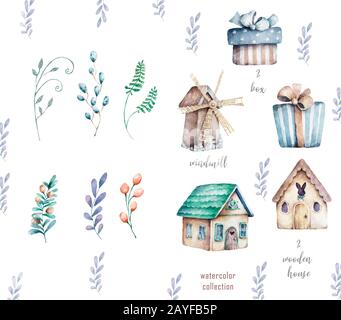 Holzhaus und Windmühle Satz von Elementen mit Blumen und Geschenkbox für Design. Watecolor Cartoon Illustration. Federsatz Stockfoto