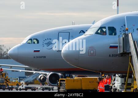 Oktober 2019 In Moskau, Russland. Flugzeuge Aeroflot - Russian Airlines auf dem internationalen Flughafen Scheremetjewo in Moskau. Stockfoto