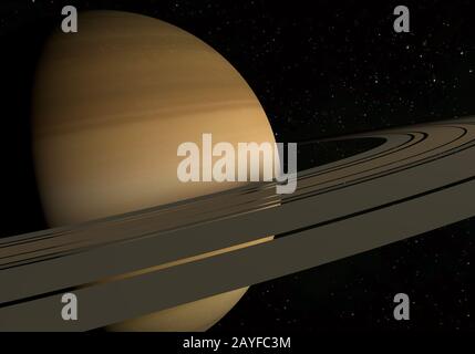 Planet Saturn mit Ringen und Satelliten auf dem Weltraum-Hintergrund. 3D-Abbildung. Stockfoto