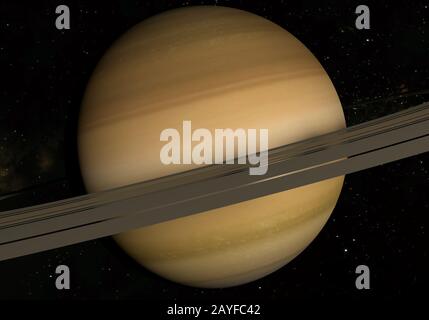 Planet Saturn mit Ringen und Satelliten auf dem Weltraum-Hintergrund. 3D-Abbildung. Stockfoto