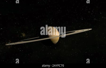 Planet Saturn mit Ringen und Satelliten auf dem Weltraum-Hintergrund. 3D-Abbildung. Stockfoto